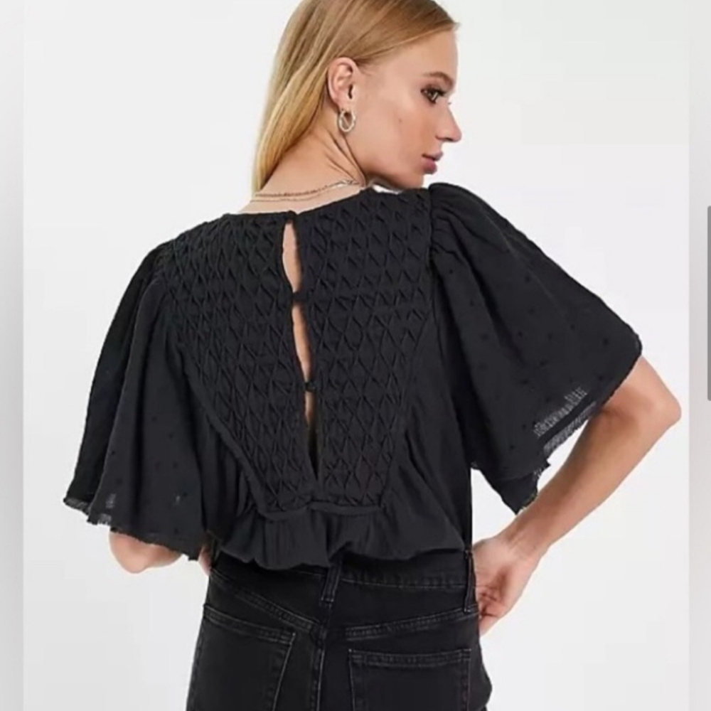 Free People Black Flutter Sleeve Blouse - Picture 2 of 5